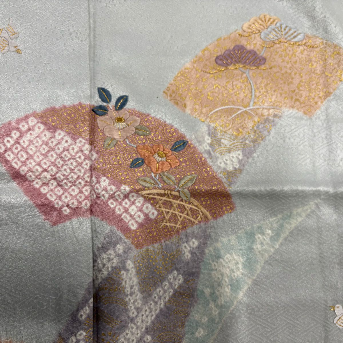 付下 身長168cm 袖長66cm M 雙層 扇子面 草花紋紋 刺繡 金彩裝飾 青灰 純蠶絲 秀品級