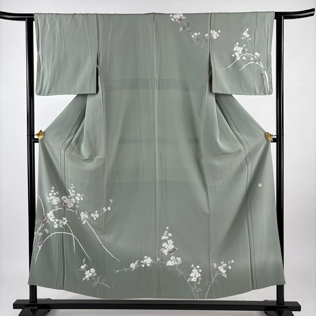 訪問服 身長152cm 袖長62.5cm S 雙層 落款 草花紋 染分 灰綠 純蠶絲 秀品級