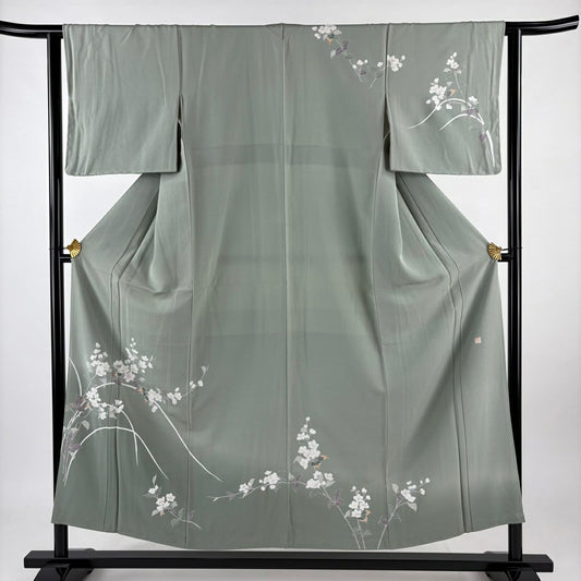 訪問服 身長152cm 袖長62.5cm S 雙層 落款 草花紋 染分 灰綠 純蠶絲 秀品級
