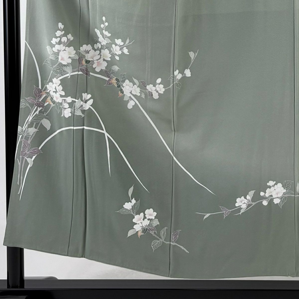 訪問服 身長152cm 袖長62.5cm S 雙層 落款 草花紋 染分 灰綠 純蠶絲 秀品級