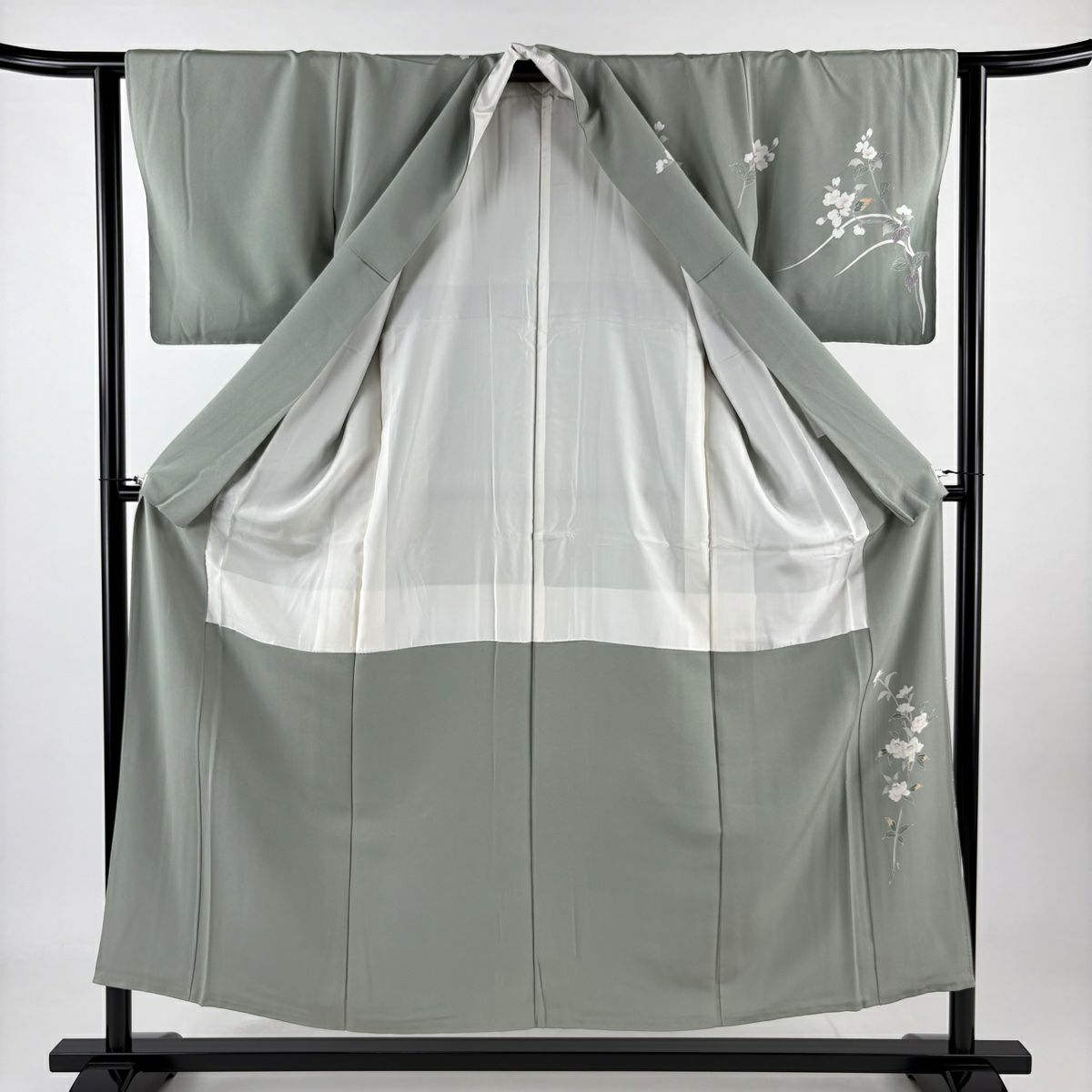 訪問服 身長152cm 袖長62.5cm S 雙層 落款 草花紋 染分 灰綠 純蠶絲 秀品級