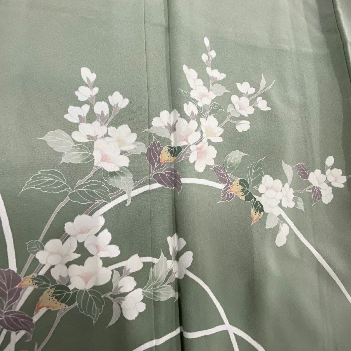 訪問服 身長152cm 袖長62.5cm S 雙層 落款 草花紋 染分 灰綠 純蠶絲 秀品級
