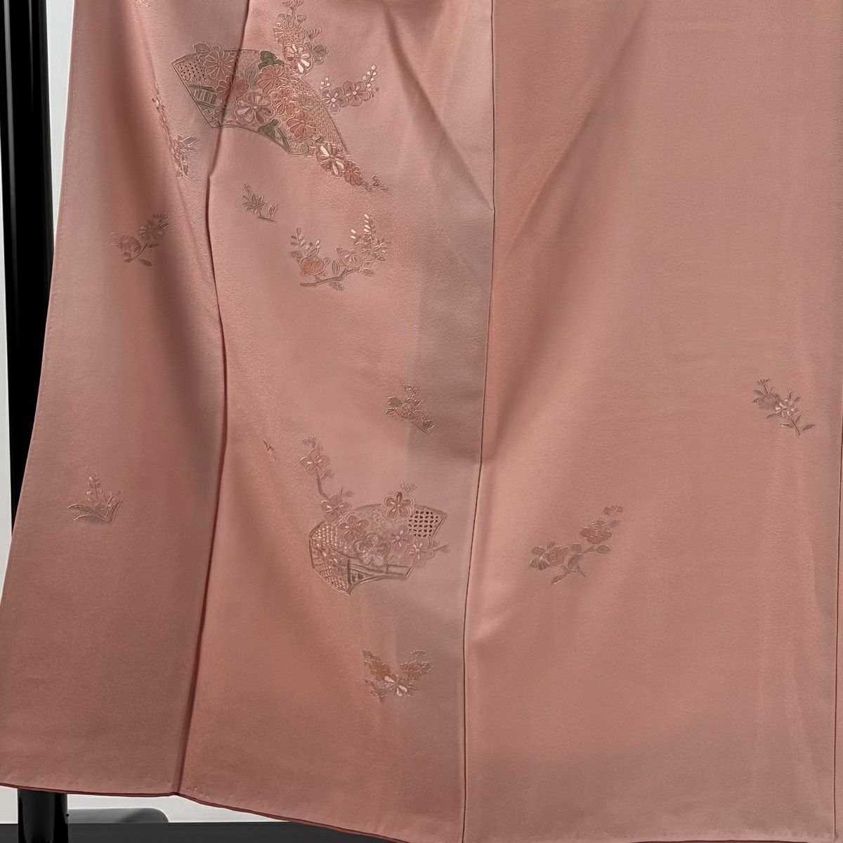 付下 身長153cm 袖長64.5cm M 雙層 扇子面 草花紋刺繡 粉米色 純蠶絲 優品級