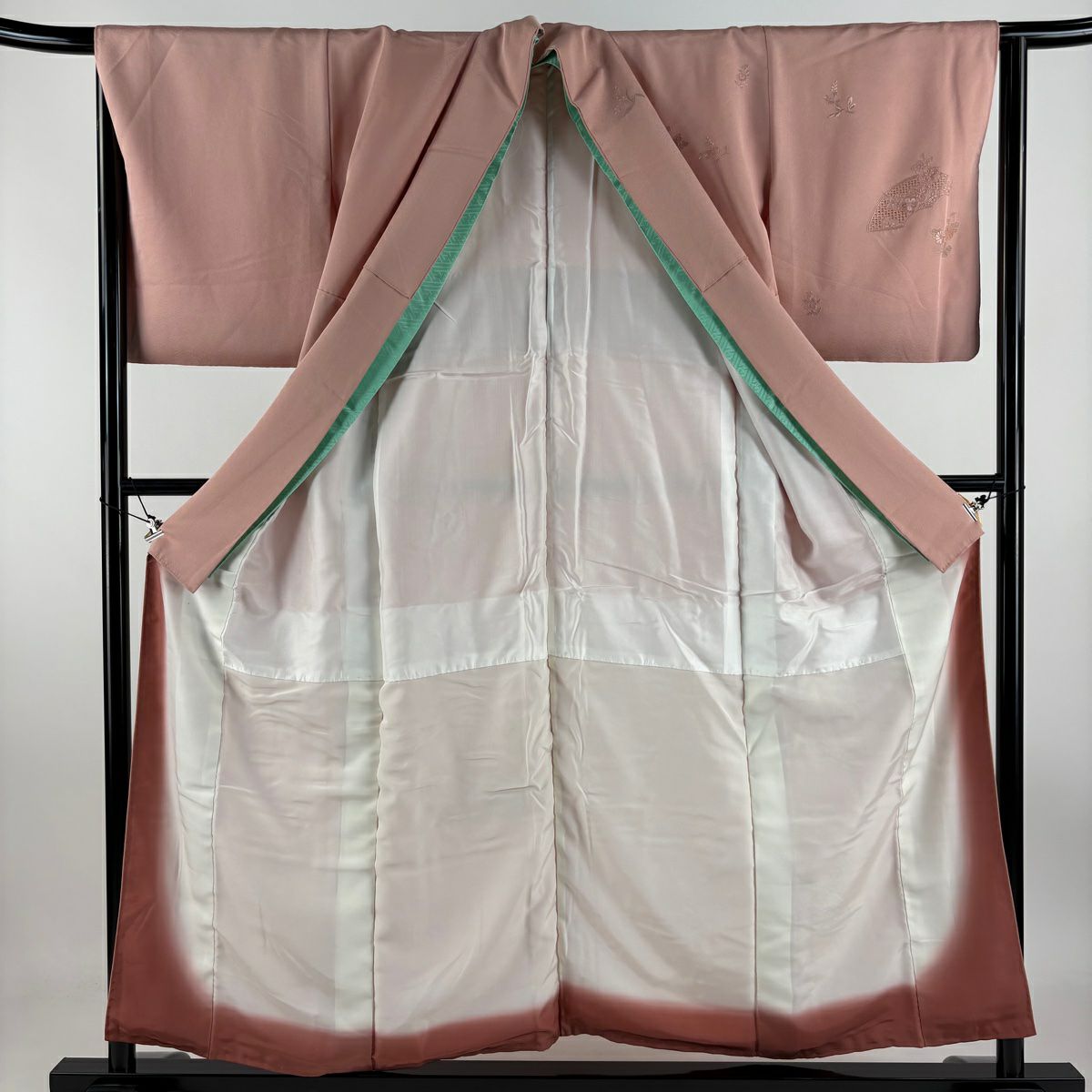 付下 身長153cm 袖長64.5cm M 雙層 扇子面 草花紋刺繡 粉米色 純蠶絲 優品級