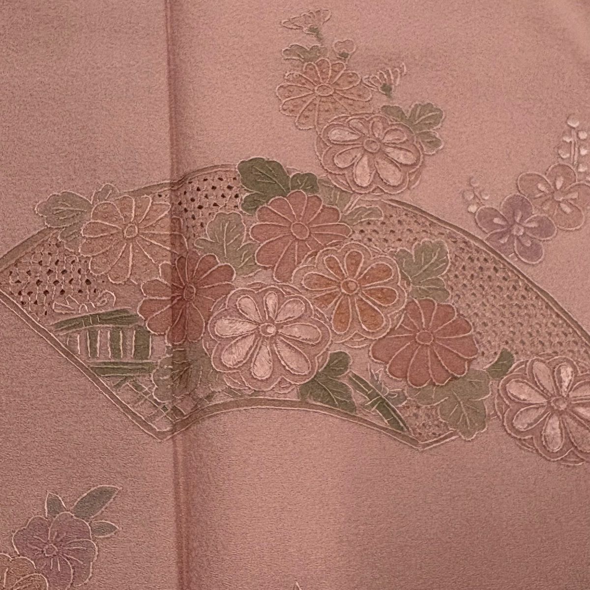 付下 身長153cm 袖長64.5cm M 雙層 扇子面 草花紋刺繡 粉米色 純蠶絲 優品級