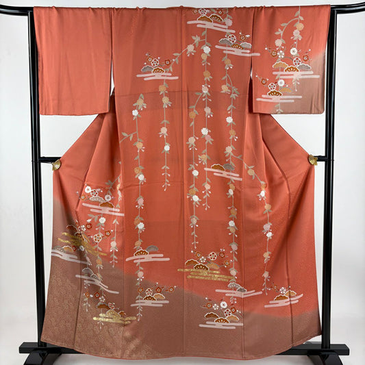 訪問服 身長159cm 袖長66cm M 雙層 松樹梅花 ヱ霞 金銀彩 漸層 鮭粉色 純蠶絲 優品級