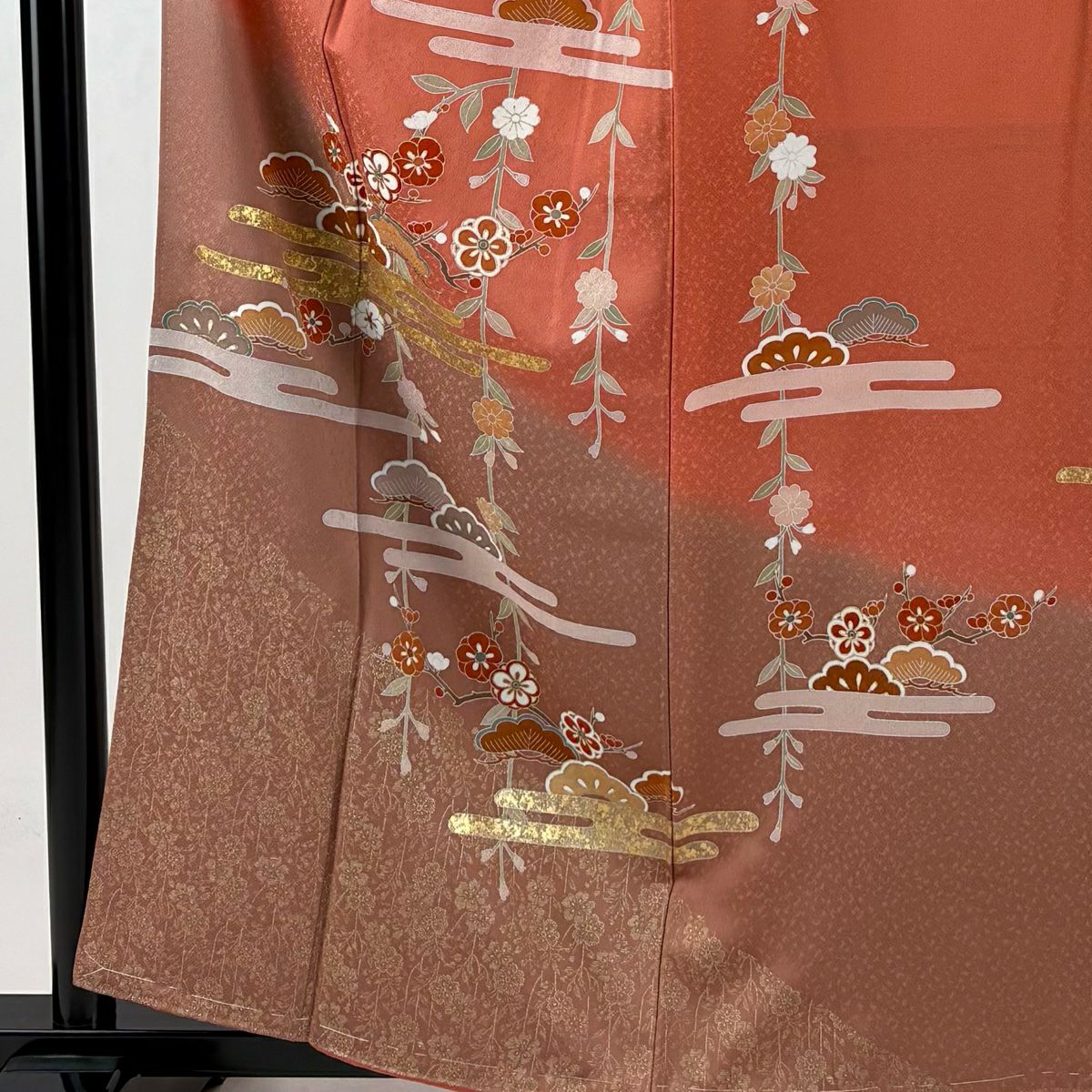 訪問服 身長159cm 袖長66cm M 雙層 松樹梅花 ヱ霞 金銀彩 漸層 鮭粉色 純蠶絲 優品級