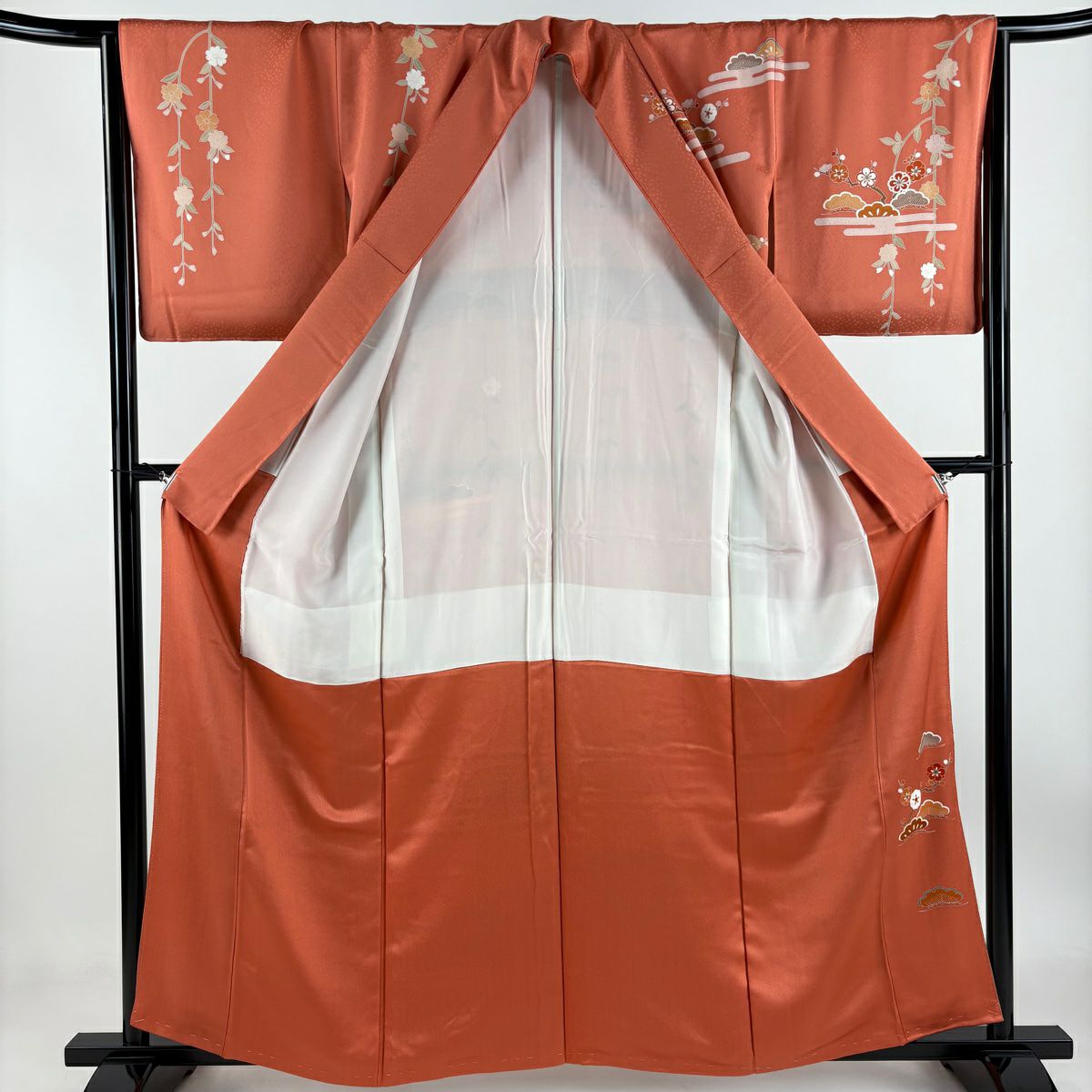 訪問服 身長159cm 袖長66cm M 雙層 松樹梅花 ヱ霞 金銀彩 漸層 鮭粉色 純蠶絲 優品級