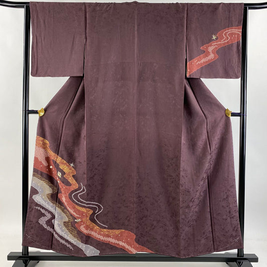 付下 身長155cm 袖長64.5cm M 雙層 流水 小槌 絞染 刺繡 紫 純蠶絲 美品 秀品級