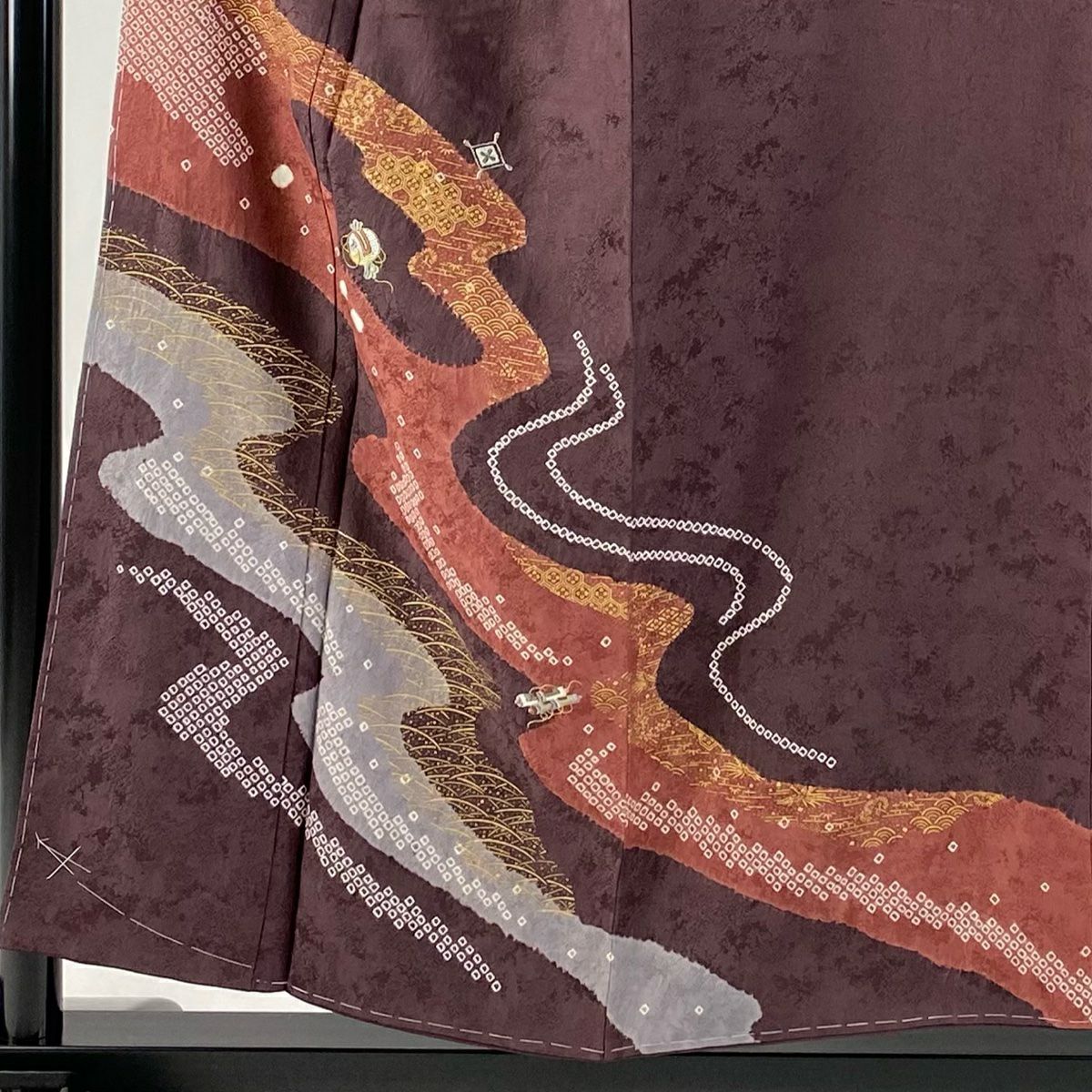 付下 身長155cm 袖長64.5cm M 雙層 流水 小槌 絞染 刺繡 紫 純蠶絲 美品 秀品級
