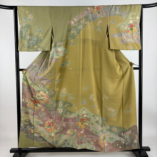訪問服 身長158cm 袖長65cm M 雙層 落款あり 雪輪 松樹竹子梅花 金絲 金銀彩 灰綠 純蠶絲 名品級