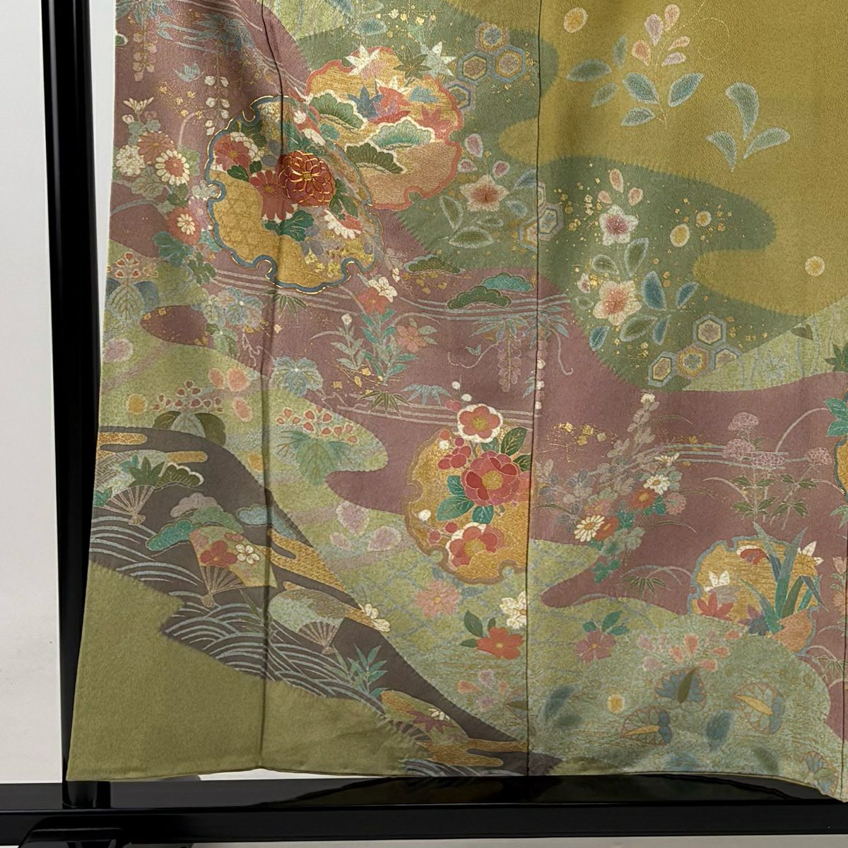 訪問服 身長158cm 袖長65cm M 雙層 落款あり 雪輪 松樹竹子梅花 金絲 金銀彩 灰綠 純蠶絲 名品級