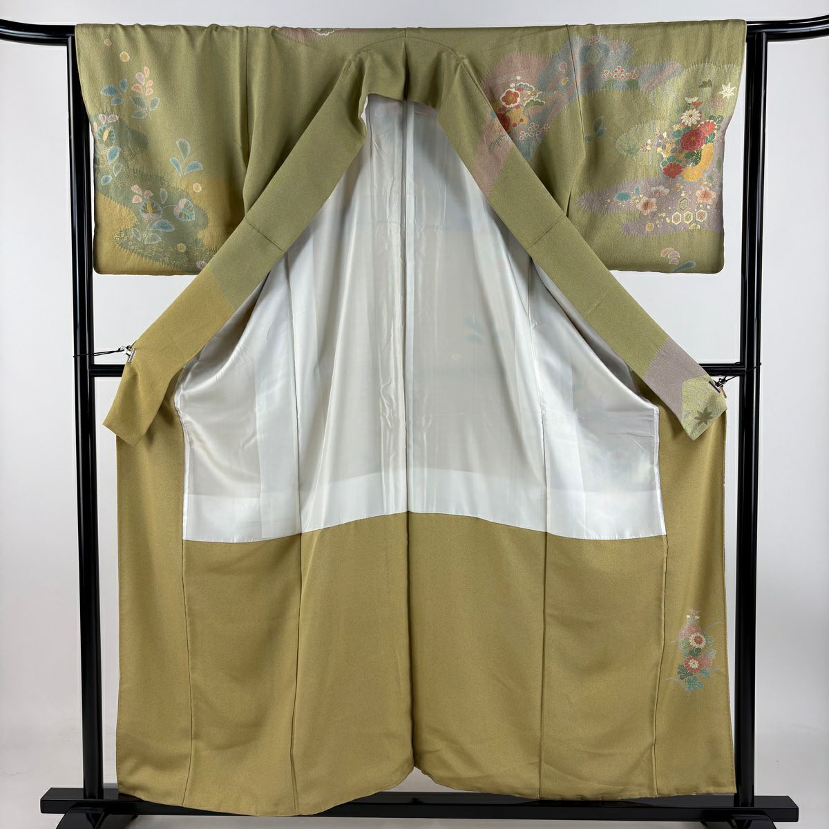 訪問服 身長158cm 袖長65cm M 雙層 落款あり 雪輪 松樹竹子梅花 金絲 金銀彩 灰綠 純蠶絲 名品級