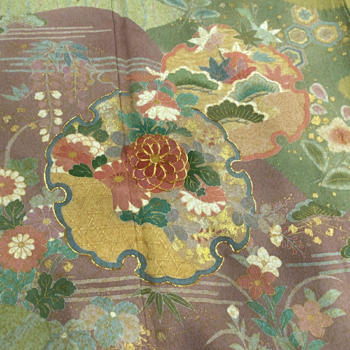 訪問服 身長158cm 袖長65cm M 雙層 落款あり 雪輪 松樹竹子梅花 金絲 金銀彩 灰綠 純蠶絲 名品級