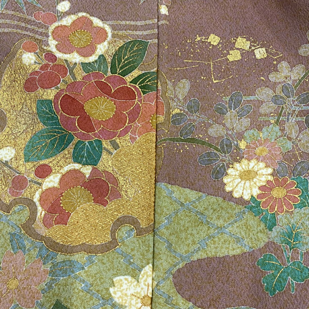 訪問服 身長158cm 袖長65cm M 雙層 落款あり 雪輪 松樹竹子梅花 金絲 金銀彩 灰綠 純蠶絲 名品級