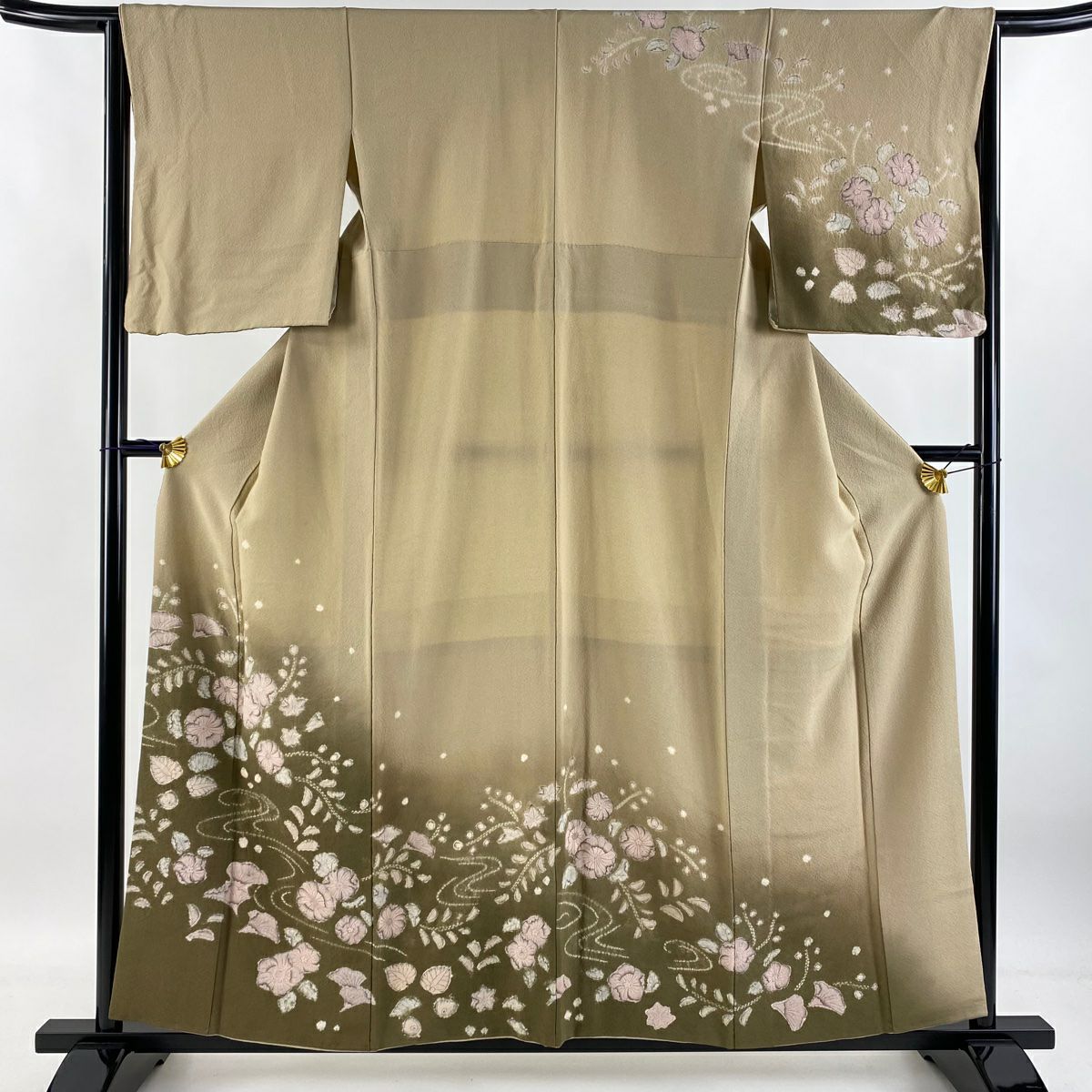 【庫存清倉】訪問服 身長156cm 袖長64cm M 雙層 草花紋紋 流水 絞染 漸層 淺茶 純蠶絲 名品級
