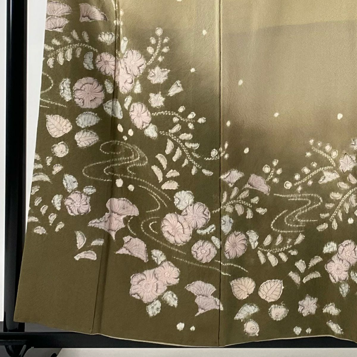 【庫存清倉】訪問服 身長156cm 袖長64cm M 雙層 草花紋紋 流水 絞染 漸層 淺茶 純蠶絲 名品級