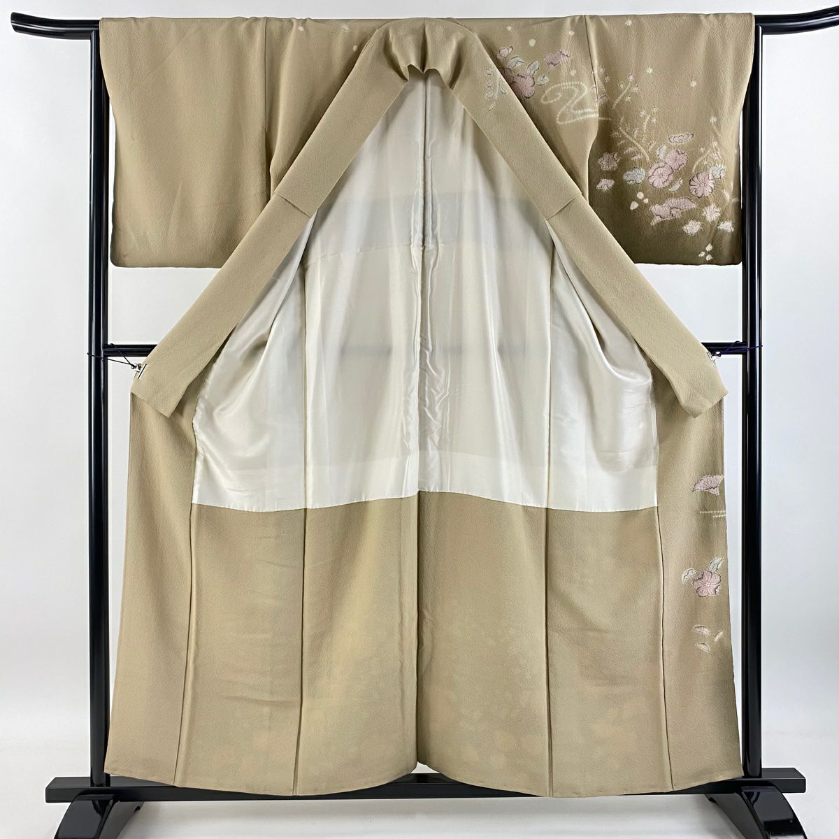 【庫存清倉】訪問服 身長156cm 袖長64cm M 雙層 草花紋紋 流水 絞染 漸層 淺茶 純蠶絲 名品級