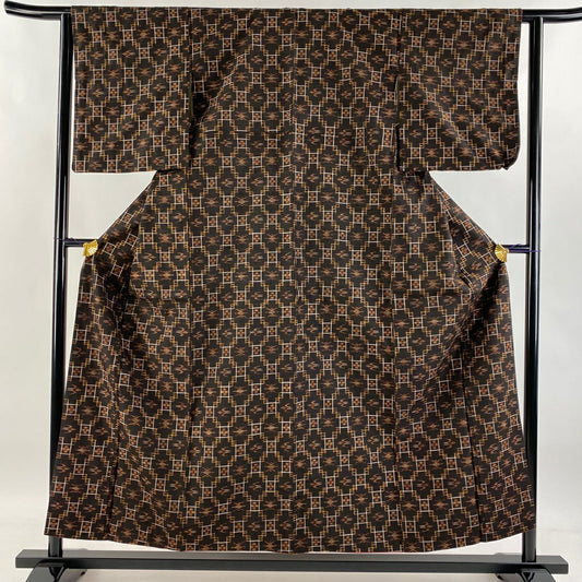 紬織 身長155cm 袖長63cm S 雙層 燕 絣紋 焦茶 純蠶絲 美品 名品級