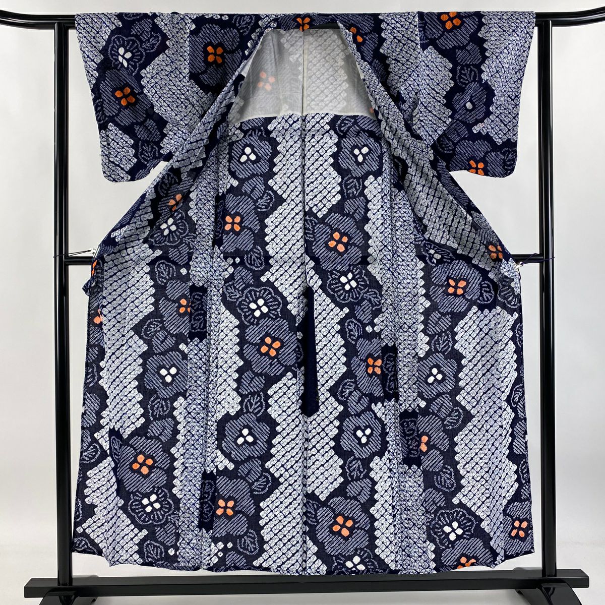 浴衣 身長154.5cm 袖長62.5cm S 絞染浴衣 梅花 幾何學 深藍 棉 美品 名品級
