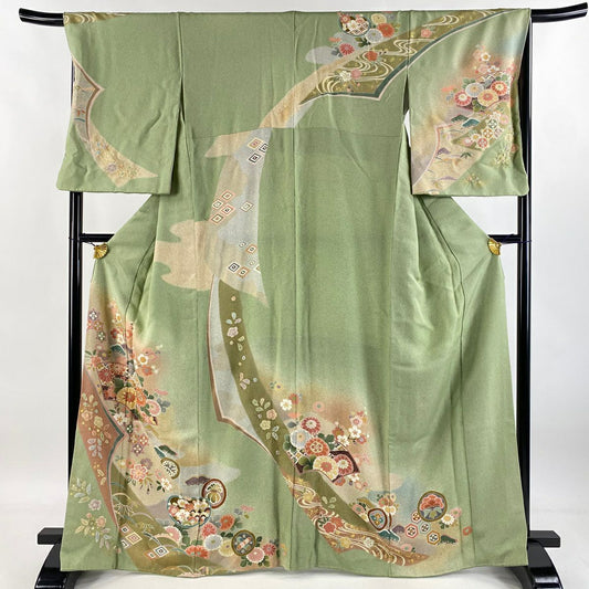 訪問服 身長166cm 袖長67.5cm L 雙層 扇子面 草花紋紋 絞染 金彩裝飾 抹茶 純蠶絲 名品級