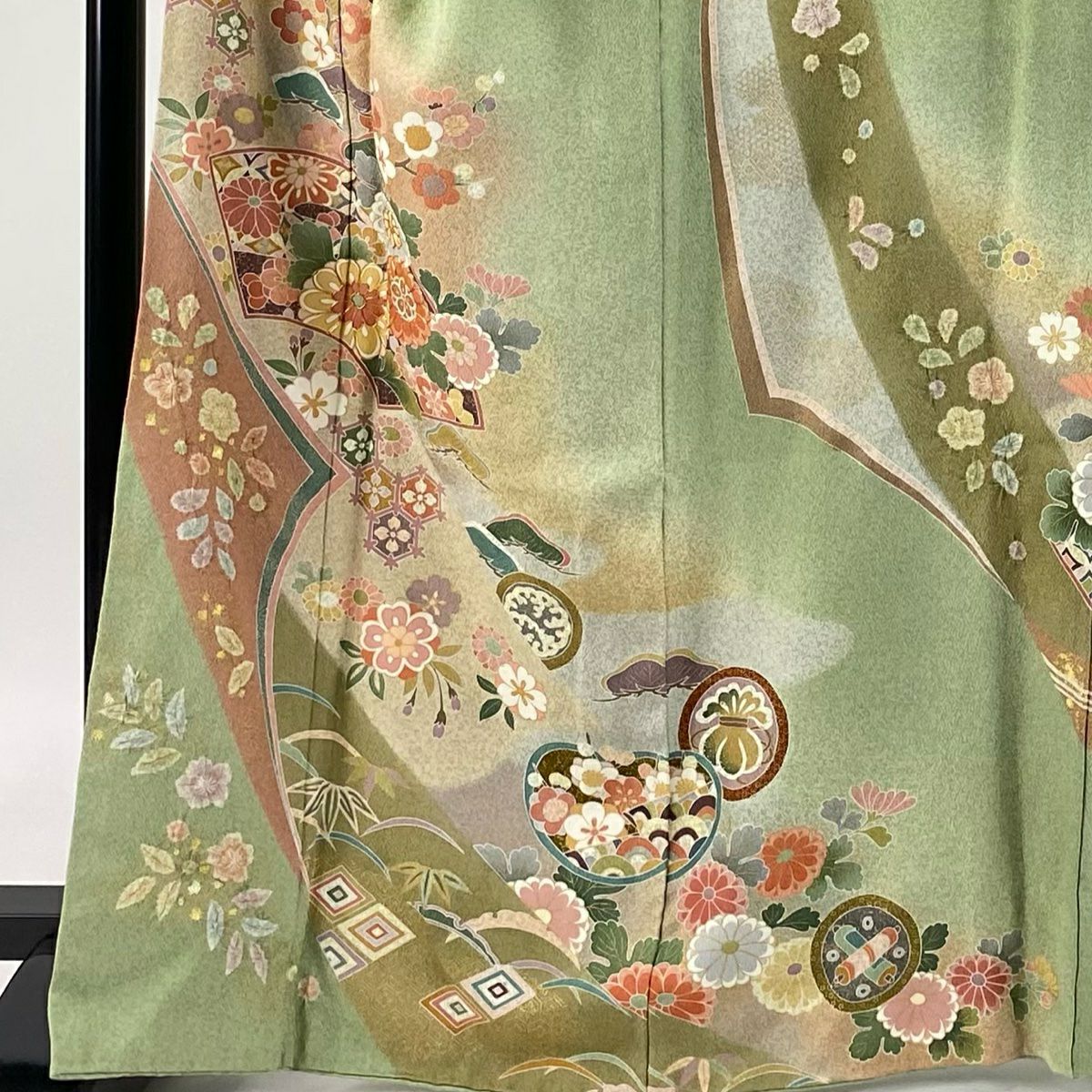 訪問服 身長166cm 袖長67.5cm L 雙層 扇子面 草花紋紋 絞染 金彩裝飾 抹茶 純蠶絲 名品級