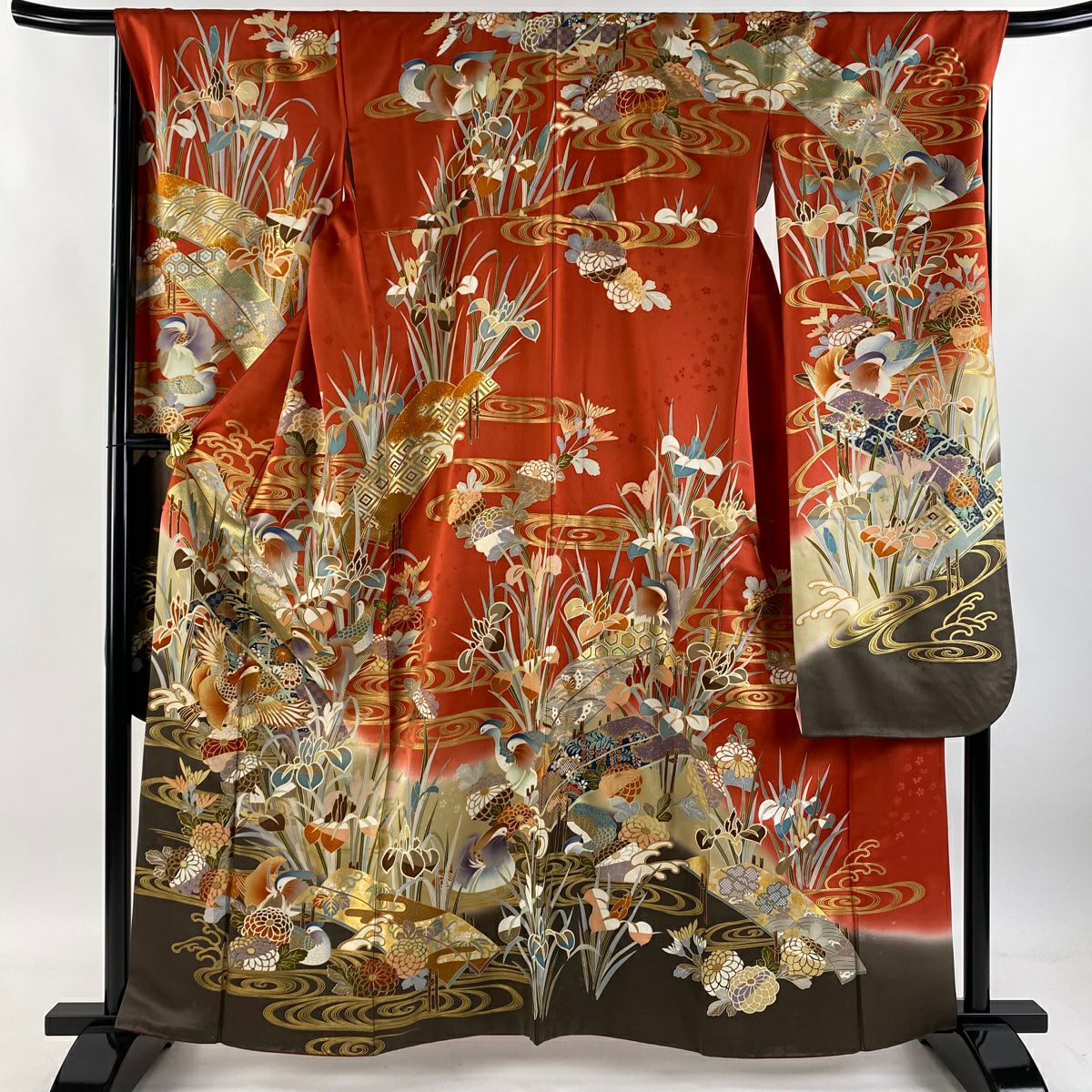 振袖禮服 身長159cm 袖長67.5cm L 雙層 鴛鴦 草花紋紋 金銀彩 金絲 朱 純蠶絲 名品級