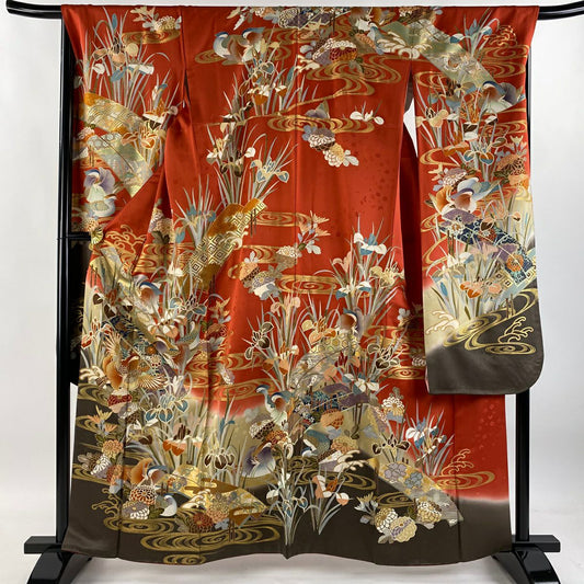 振袖禮服 身長159cm 袖長67.5cm L 雙層 鴛鴦 草花紋紋 金銀彩 金絲 朱 純蠶絲 名品級