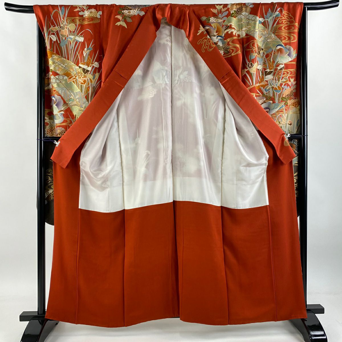 振袖禮服 身長159cm 袖長67.5cm L 雙層 鴛鴦 草花紋紋 金銀彩 金絲 朱 純蠶絲 名品級
