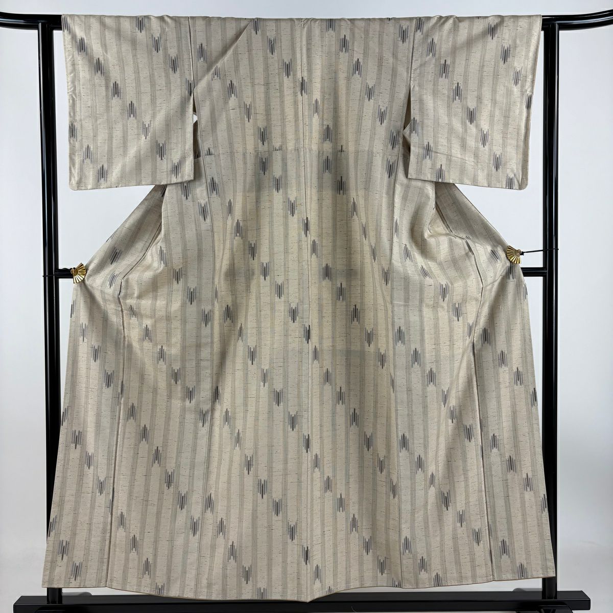 紬織 身長155.5cm 袖長62cm S 雙層 垂直條紋 幾何圖案 淺茶 純蠶絲 美品 名品級