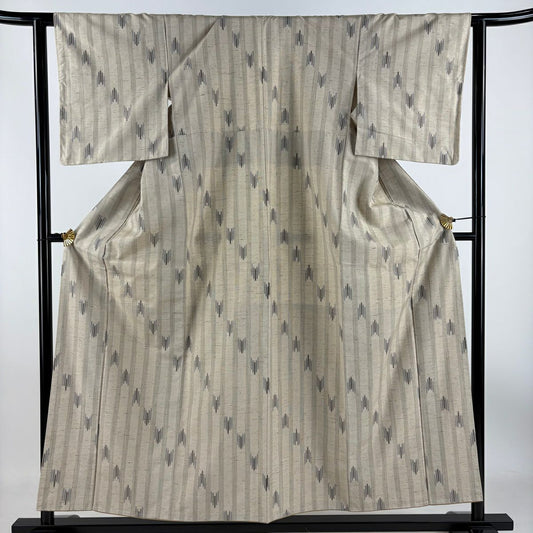 紬織 身長155.5cm 袖長62cm S 雙層 垂直條紋 幾何圖案 淺茶 純蠶絲 美品 名品級