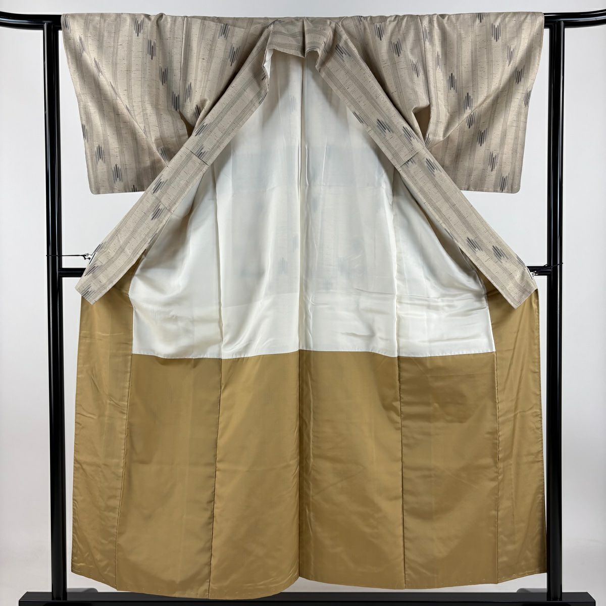 紬織 身長155.5cm 袖長62cm S 雙層 垂直條紋 幾何圖案 淺茶 純蠶絲 美品 名品級