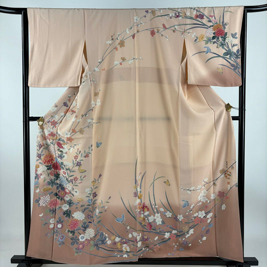 訪問服 身長159cm 袖長64cm M 雙層 落款あり 蝶 菊花 漸變 淡粉色 純蠶絲 名品級