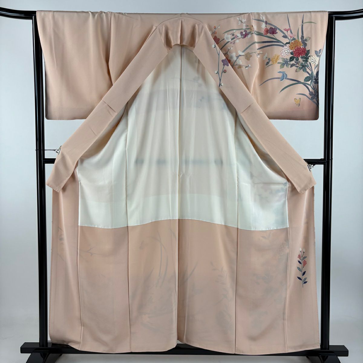 訪問服 身長159cm 袖長64cm M 雙層 落款あり 蝶 菊花 漸變 淡粉色 純蠶絲 名品級