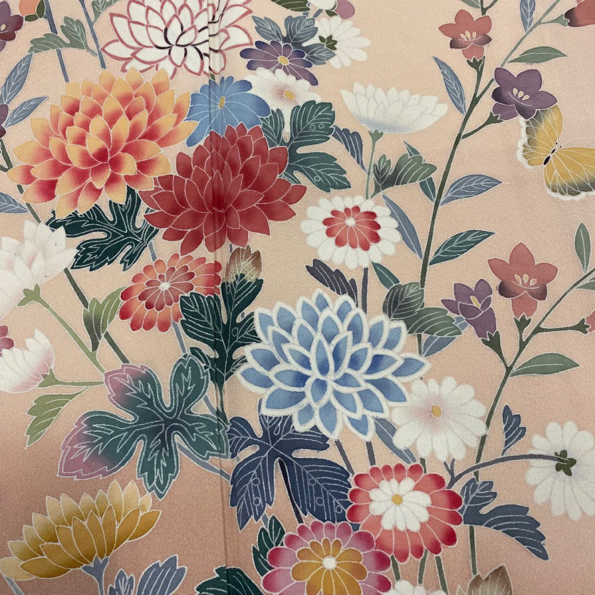 訪問服 身長159cm 袖長64cm M 雙層 落款あり 蝶 菊花 漸變 淡粉色 純蠶絲 名品級