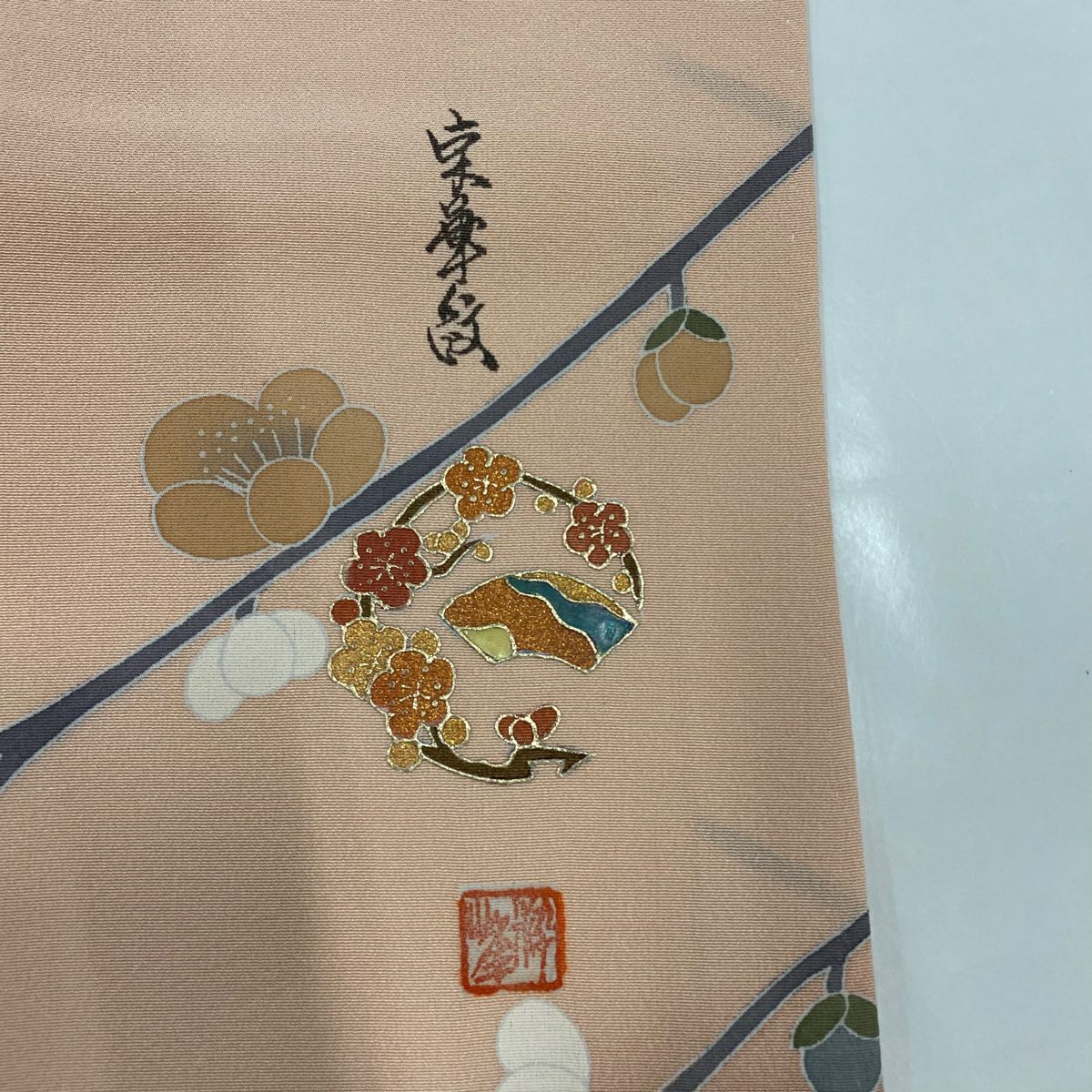 訪問服 身長159cm 袖長64cm M 雙層 落款あり 蝶 菊花 漸變 淡粉色 純蠶絲 名品級