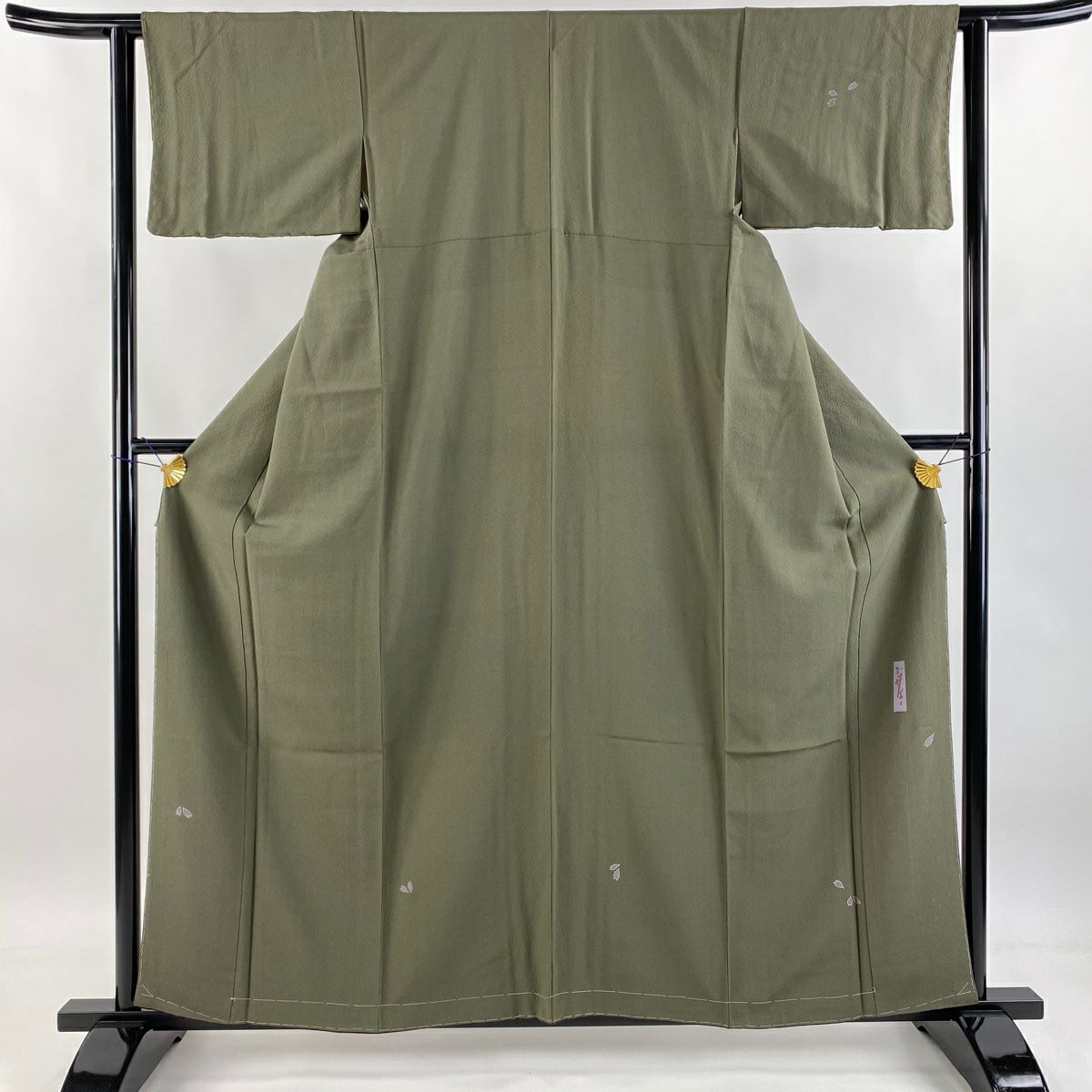 付下 身長158.5cm 袖長62cm S 雙層 辻村ジュサブロー 有落款 櫻花花瓣 金彩裝飾 深綠 純蠶絲 名品級