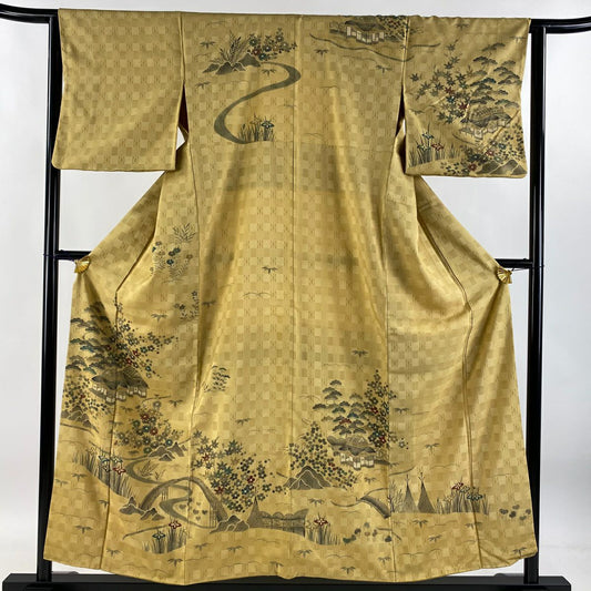 訪問服 身長154.5cm 袖長63cm S 雙層 茶屋辻 松樹竹子梅花 黃土 純蠶絲 名品級