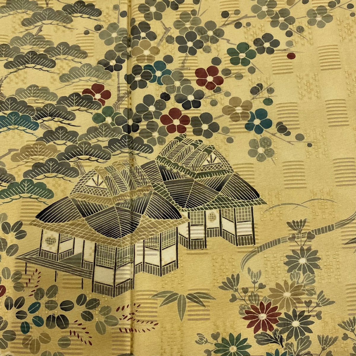 訪問服 身長154.5cm 袖長63cm S 雙層 茶屋辻 松樹竹子梅花 黃土 純蠶絲 名品級