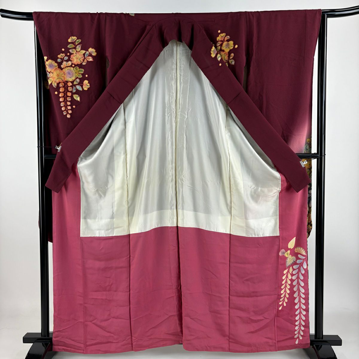 【庫存清倉】振袖禮服 身長161.5cm 袖長66cm M 雙層 落款有 辻花染 漸層 紅紫 純蠶絲 名品級