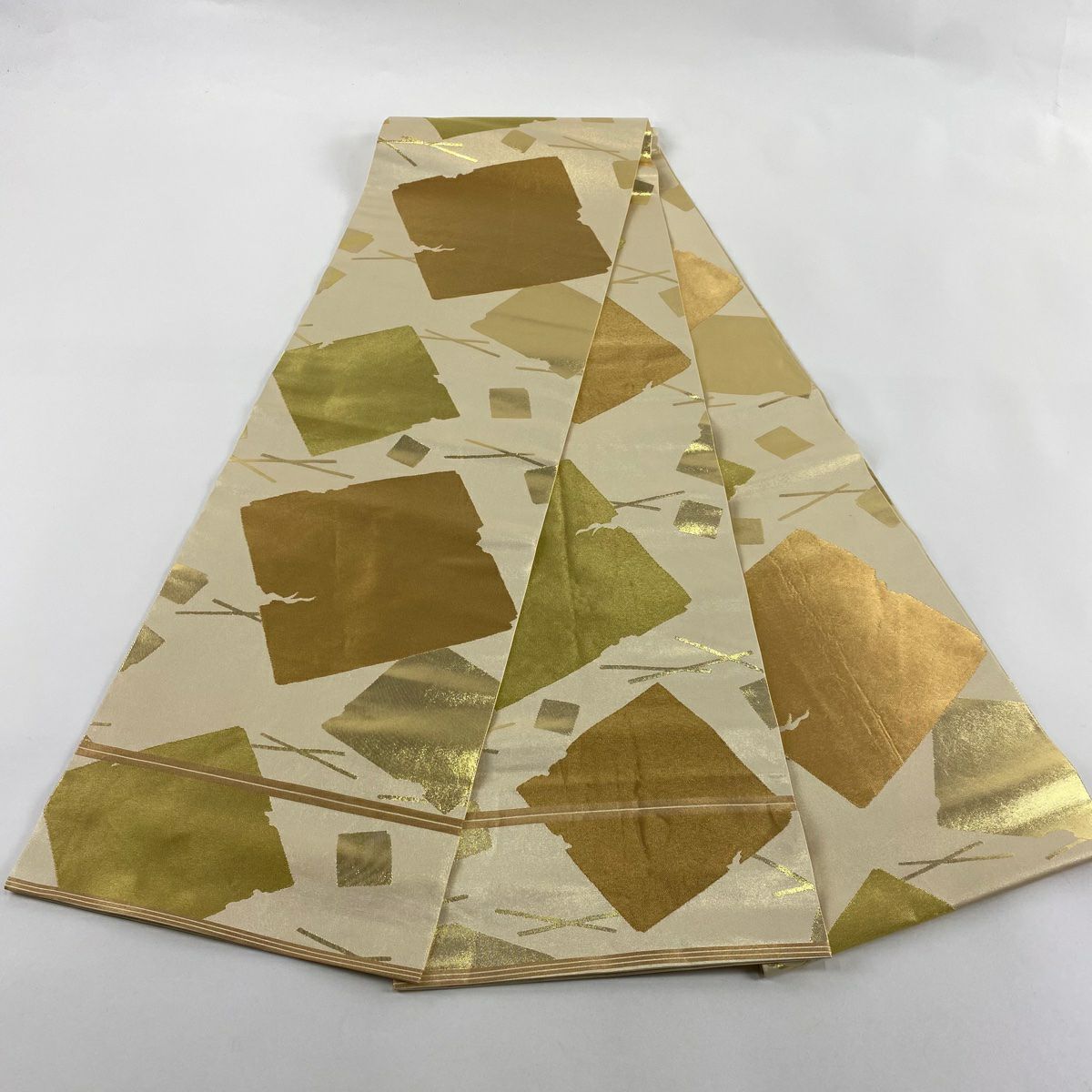 【庫存清倉】 袋帶 名品級 川島織物 有落款 破損色紙 金絲 金金箔 米色 全通 純蠶絲