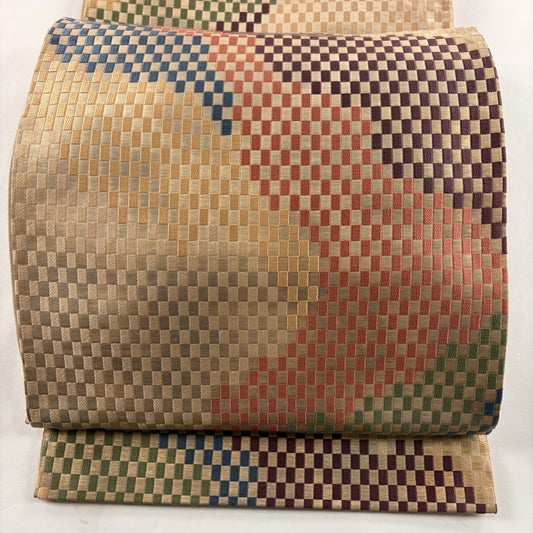 【庫存清倉】 袋帶 美品 名品級 河村織物 有落款 道長取 市松樹 金金箔 米色 六通 純蠶絲