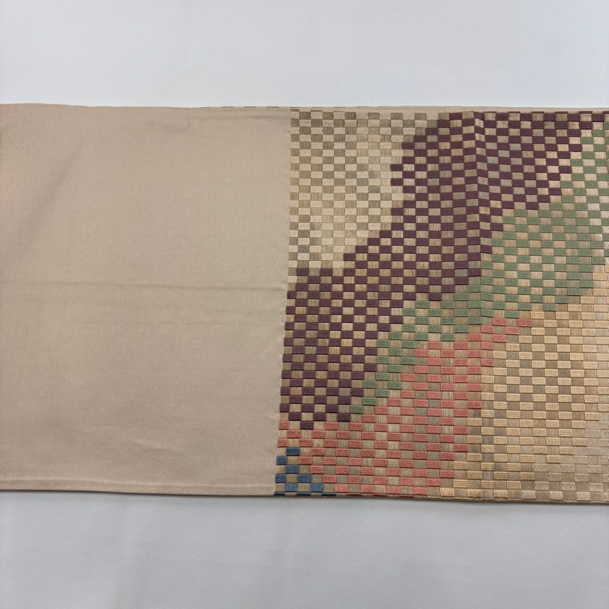 【庫存清倉】 袋帶 美品 名品級 河村織物 有落款 道長取 市松樹 金金箔 米色 六通 純蠶絲