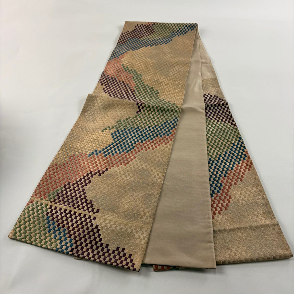 【庫存清倉】 袋帶 美品 名品級 河村織物 有落款 道長取 市松樹 金金箔 米色 六通 純蠶絲