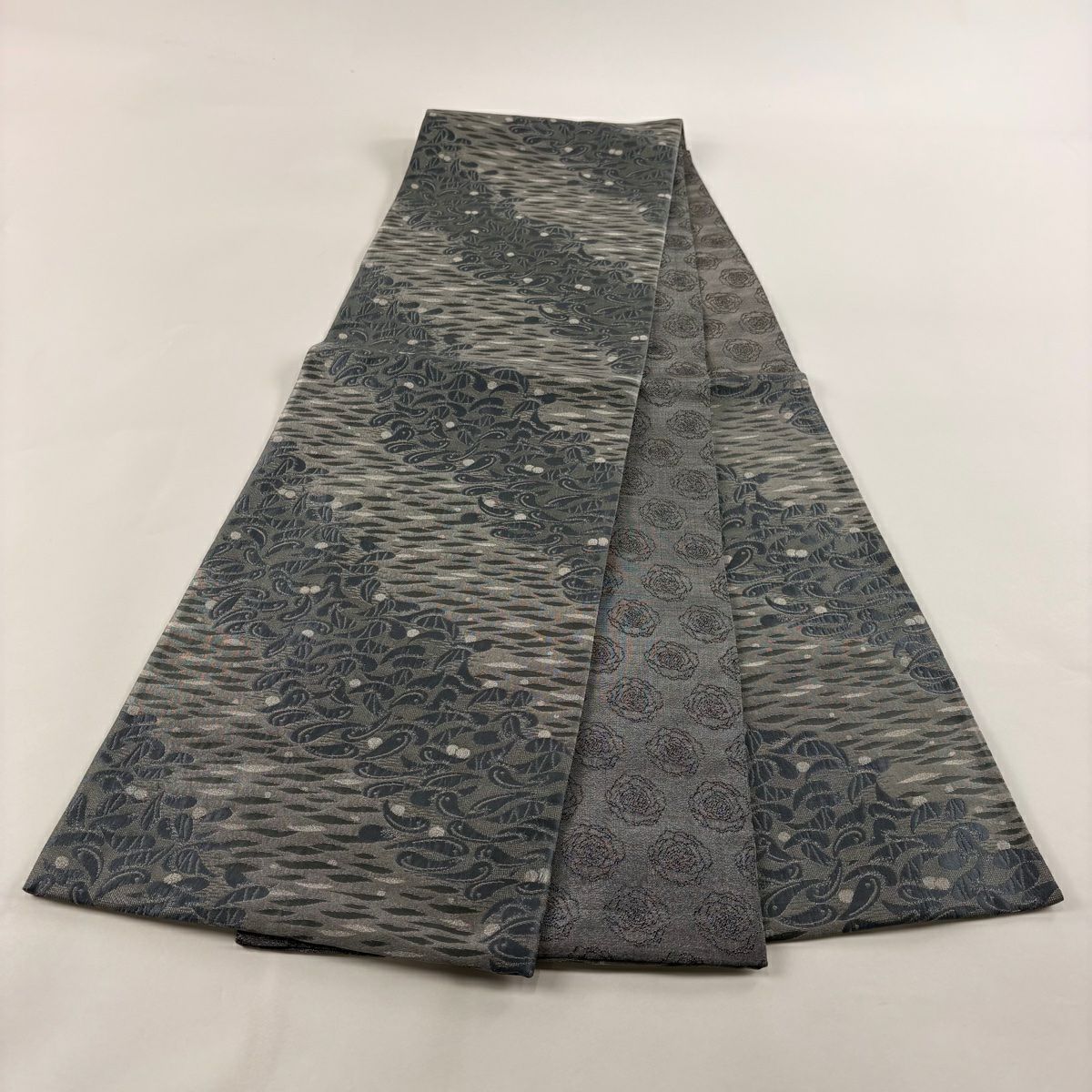 【庫存清倉】 袋帶 美品 名品級 葉與果 幾何學 銀通 青灰 六通 純蠶絲