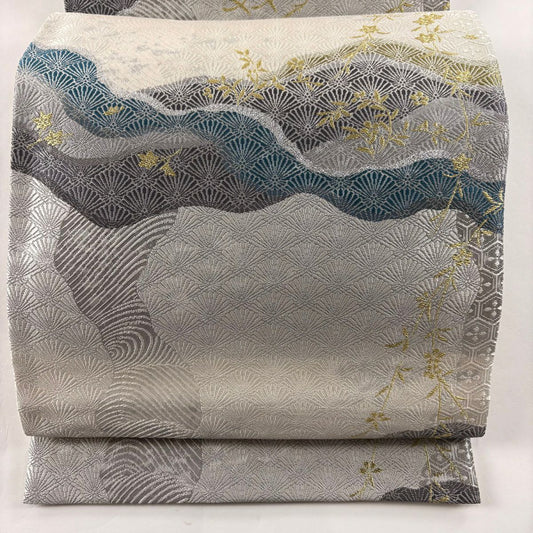 【庫存清倉】 袋帶 美品 名品級 菊花青海波 草花紋 金糸 金金箔 灰白 六通 純蠶絲