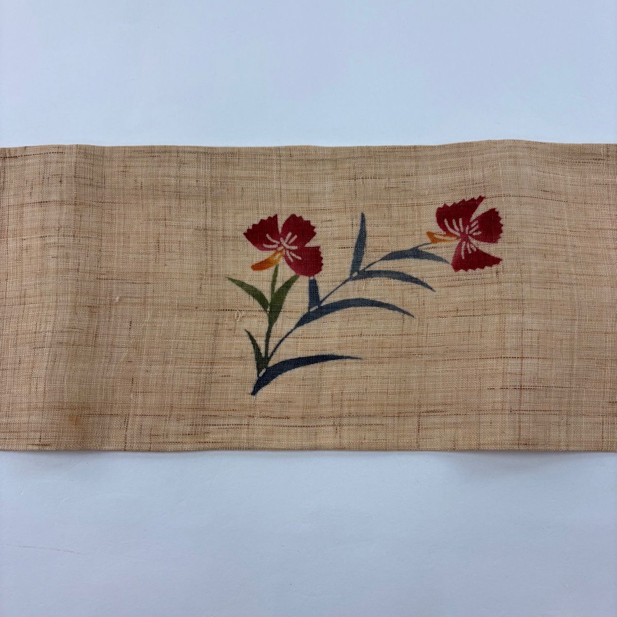 名古屋帶 名品級 附落款 夏帶 紬織織 草花紋 紅色 純蠶絲
