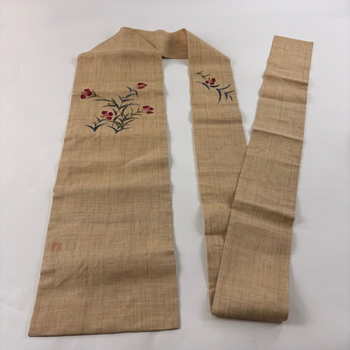 名古屋帶 名品級 附落款 夏帶 紬織織 草花紋 紅色 純蠶絲