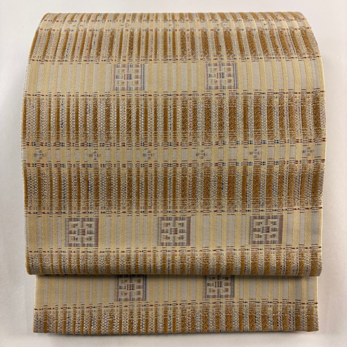 【庫存清倉】 袋帶 美品 名品級 條紋 幾何學 銀線 米色 六通 純蠶絲