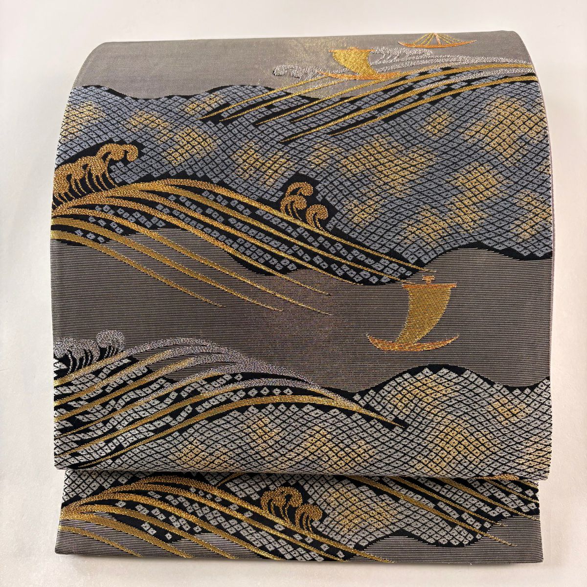 【庫存清倉】 袋帶 美品 名品級 帆掛船 波 金絲 金金箔 銀 六通 純蠶絲